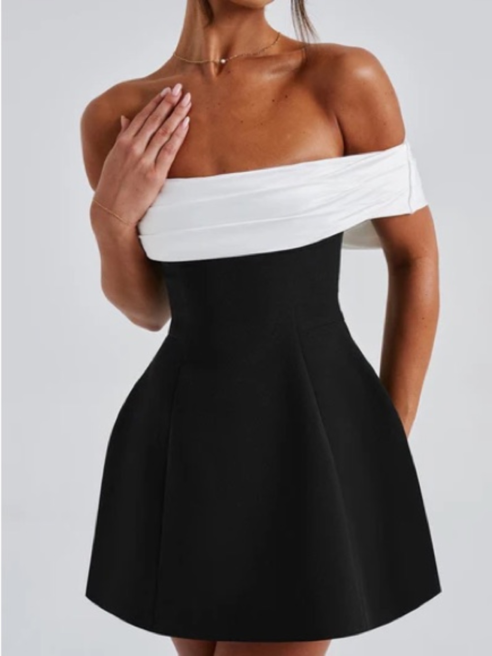 Classic One-Shoulder Black & White Fit-and-Flare Dress with Bow